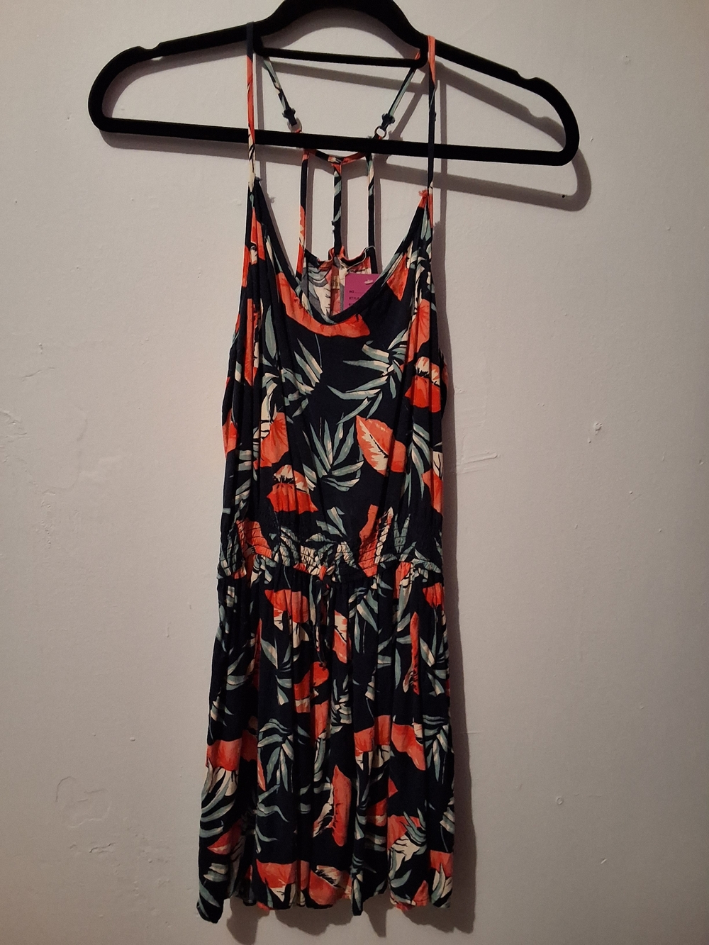 Hollister Navy Sundress with Coral and Green Tropical Print